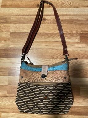 Myra Bag Brown, Tan & Blue Mixed-Material Shoulder Bag